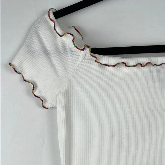 love, Fire White Rainbow Ruffled Off Shoulder Crop Top - Picture 2 of 15